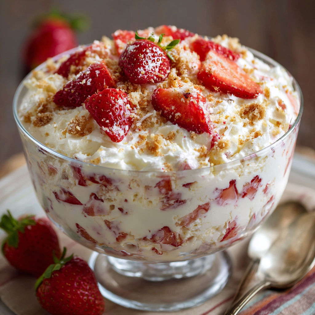 A bowl of strawberry shortcake with whipped cream and strawberries on top.