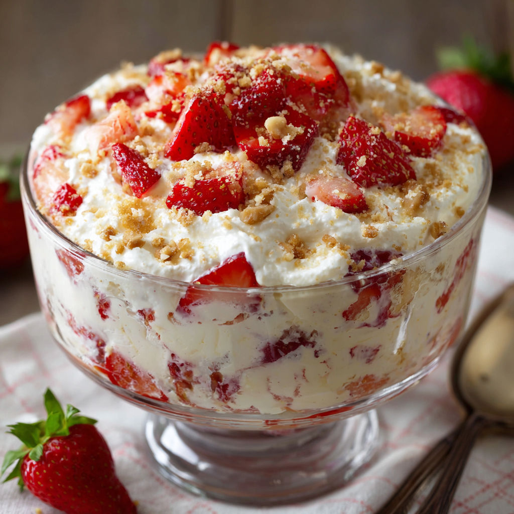 A delicious dessert made with strawberries, whipped cream, and nuts, served in a glass bowl.