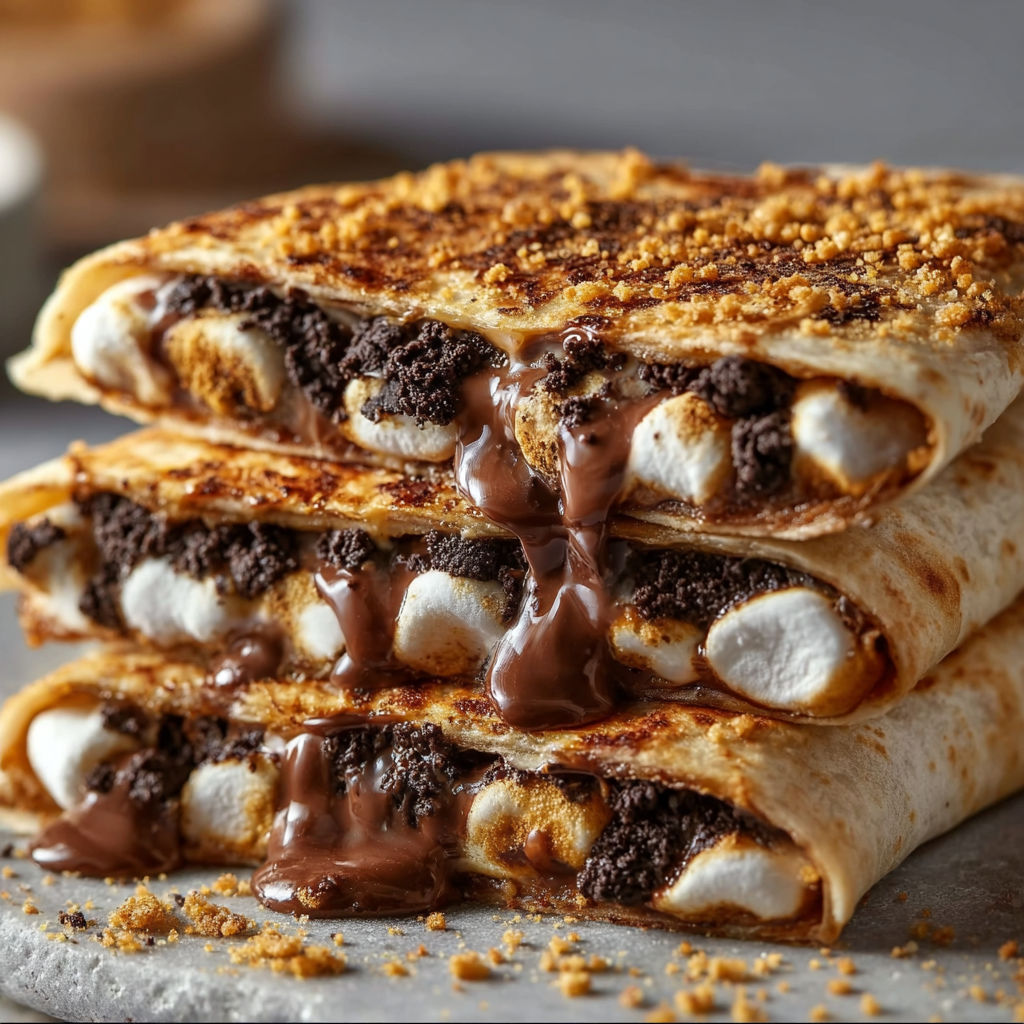 A stack of S'Mores Crunchwraps with chocolate drizzled on top.