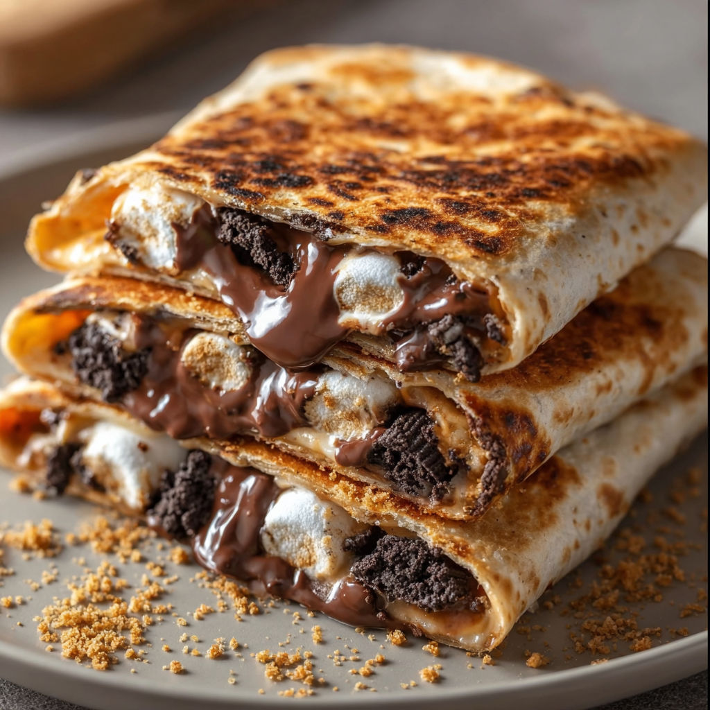 A delicious dessert made with marshmallows and chocolate, wrapped in a tortilla.