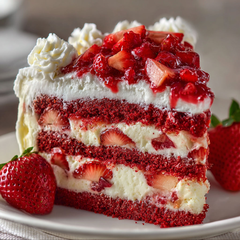 A slice of Strawberries and Cream Dream Layer Cheesecake Cake on a plate.