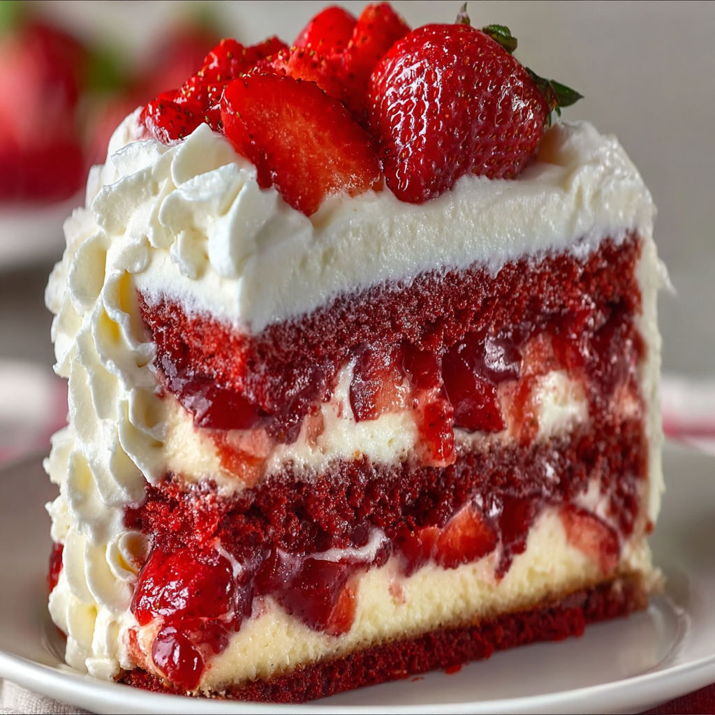 A slice of red velvet cake with white frosting and strawberries on top.