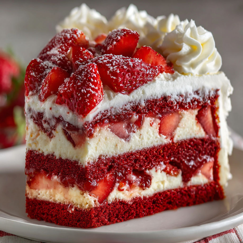 A slice of red velvet cake with white frosting and strawberries on top.