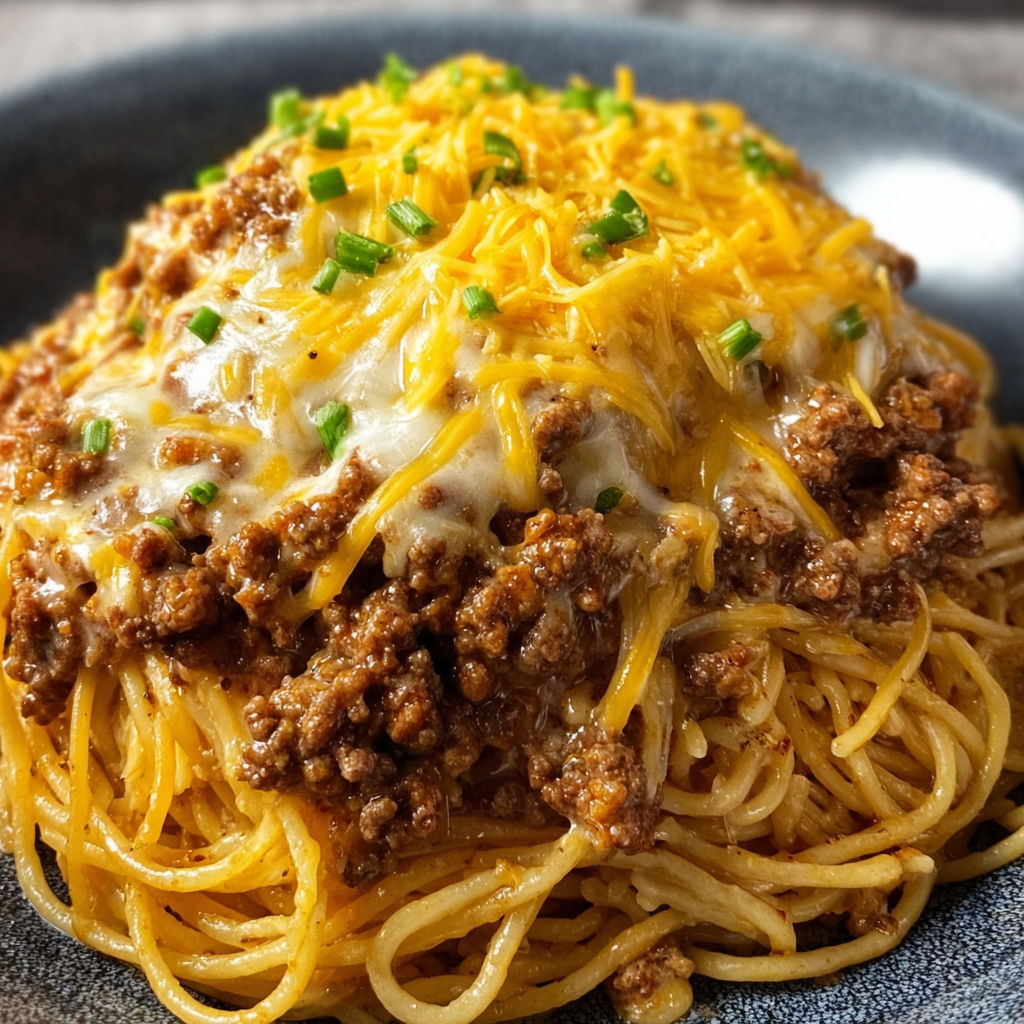 A delicious plate of spaghetti with meat sauce and cheese.