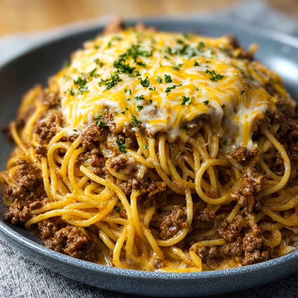 A plate of spaghetti with meat and cheese on top.