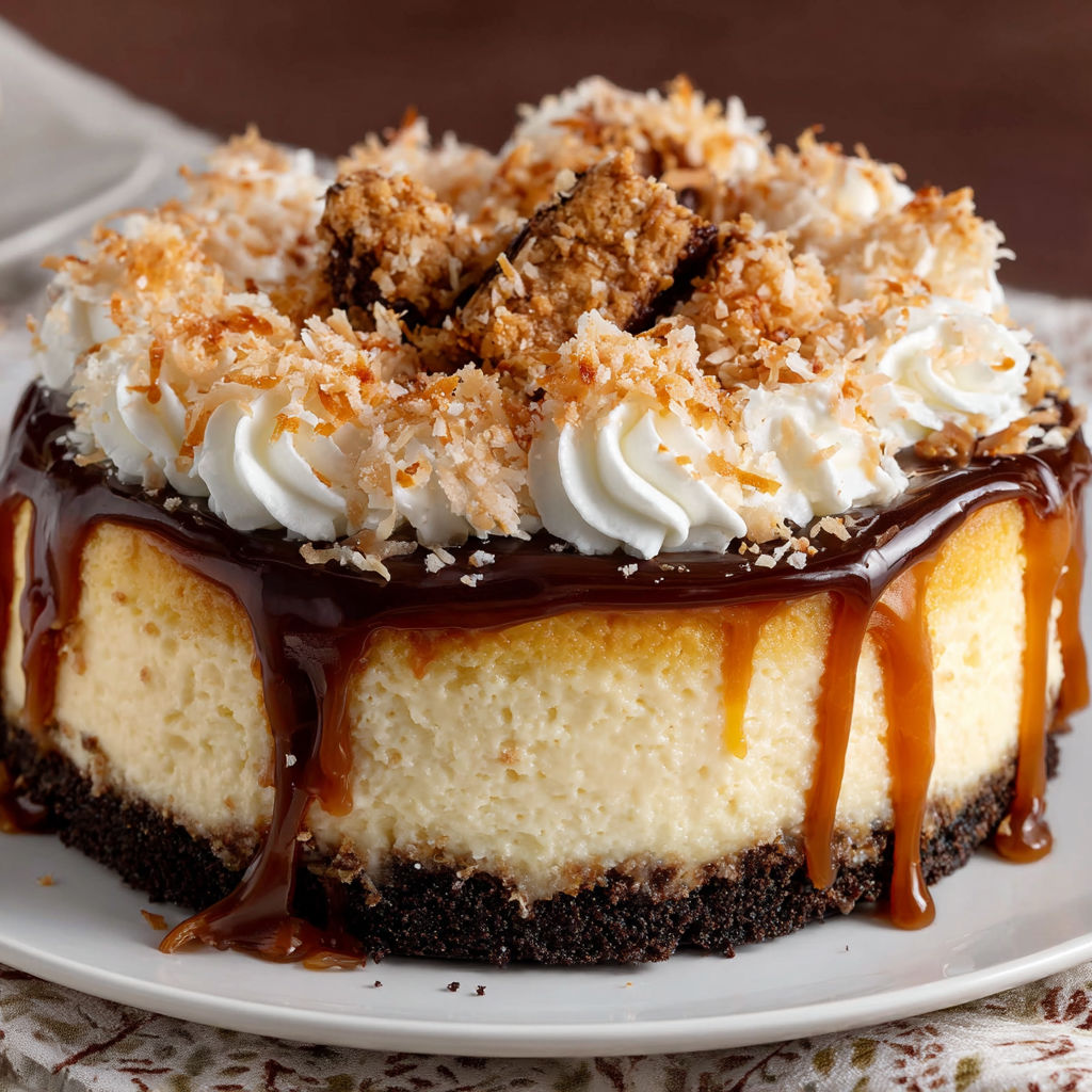 A slice of cheesecake with a caramel sauce drizzle and topped with coconut.