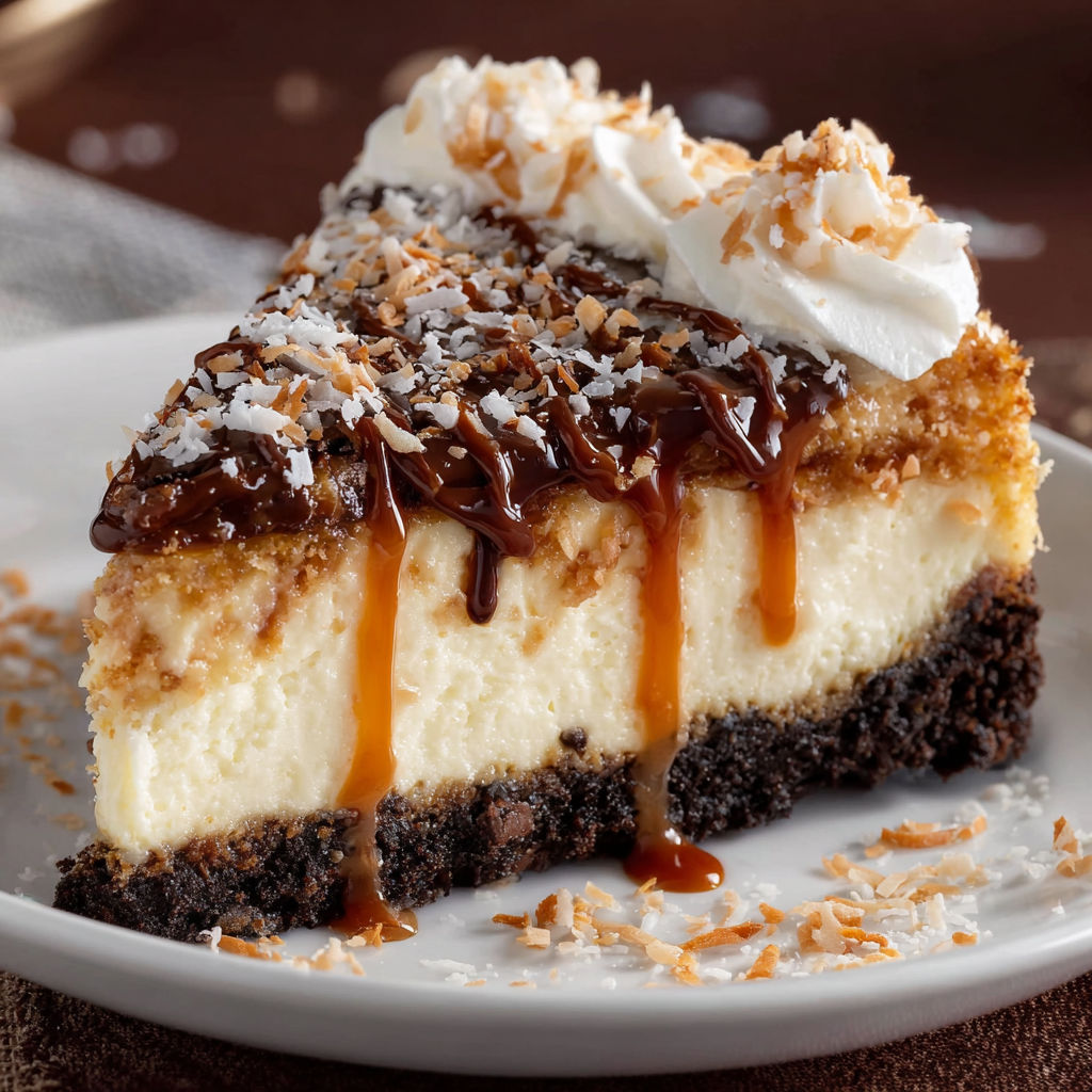 A slice of cheesecake with caramel drizzle and coconut topping, served on a white plate.