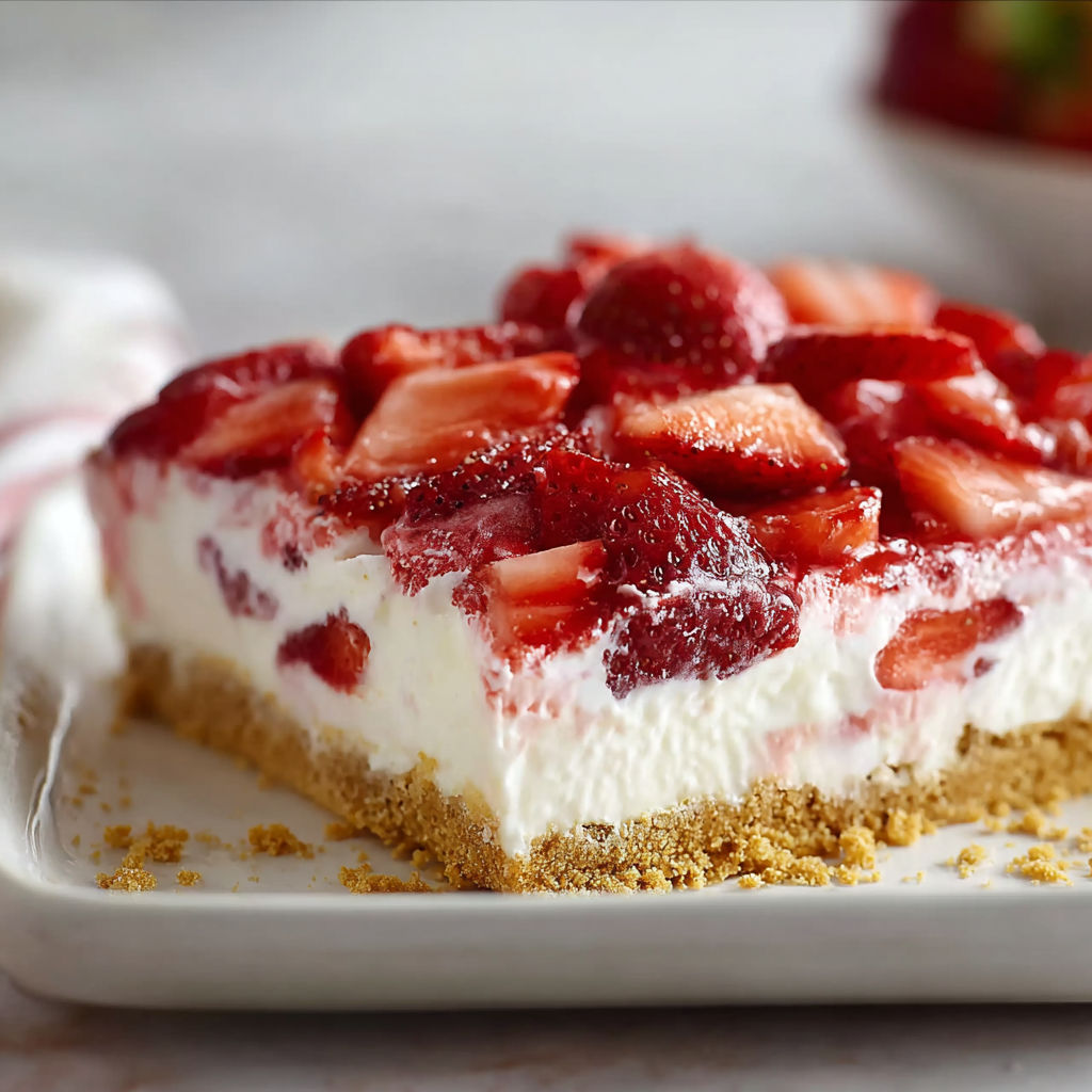 A slice of No-Bake Strawberry Delight is displayed on a plate.