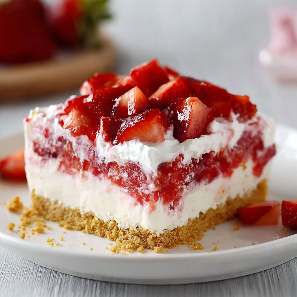 A slice of No-Bake Strawberry Delight is served on a white plate.