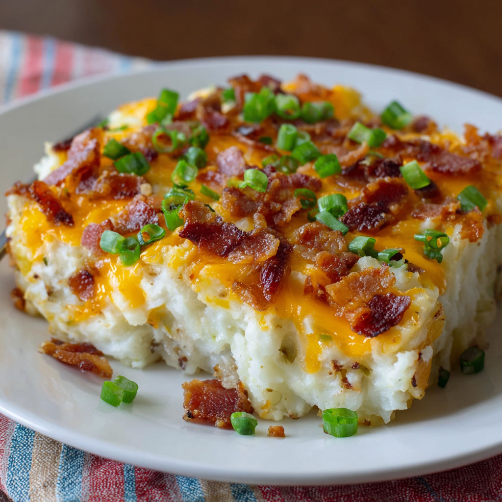 A white plate with a slice of Loaded Twice Baked Potato Casserole.