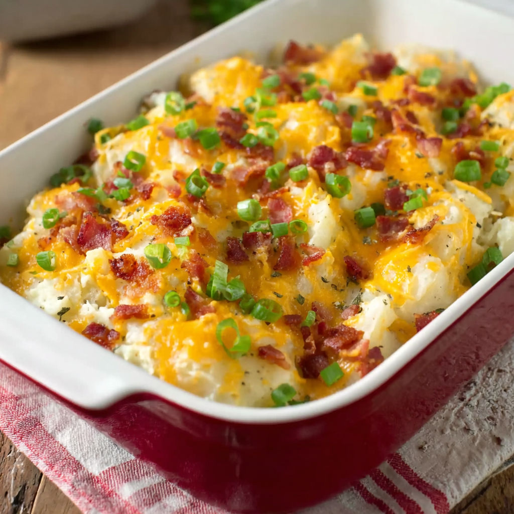 A dish of Loaded Twice Baked Potato Casserole is displayed on a table.