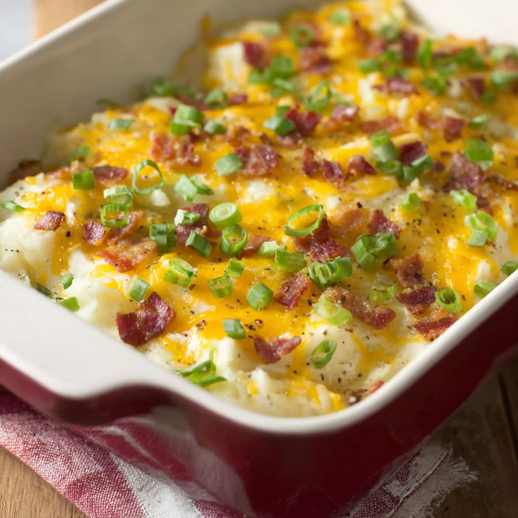 A delicious Loaded Twice Baked Potato Casserole is ready to be served.