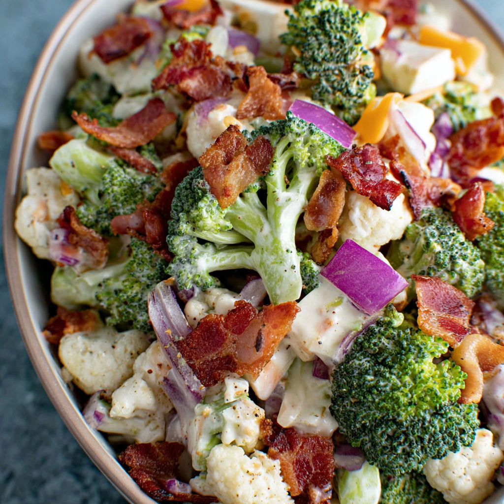 A bowl of bacon and broccoli salad.