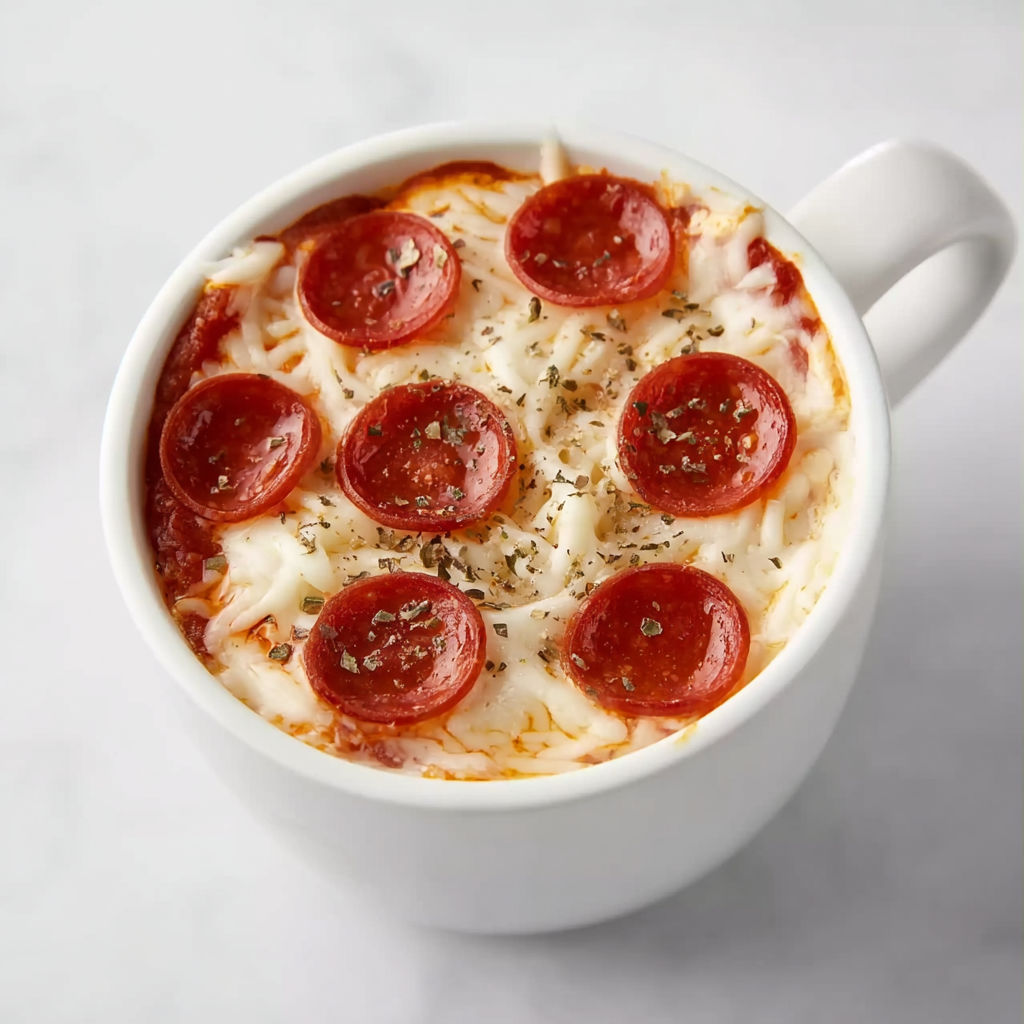 A cup of pizza with pepperoni and cheese toppings.