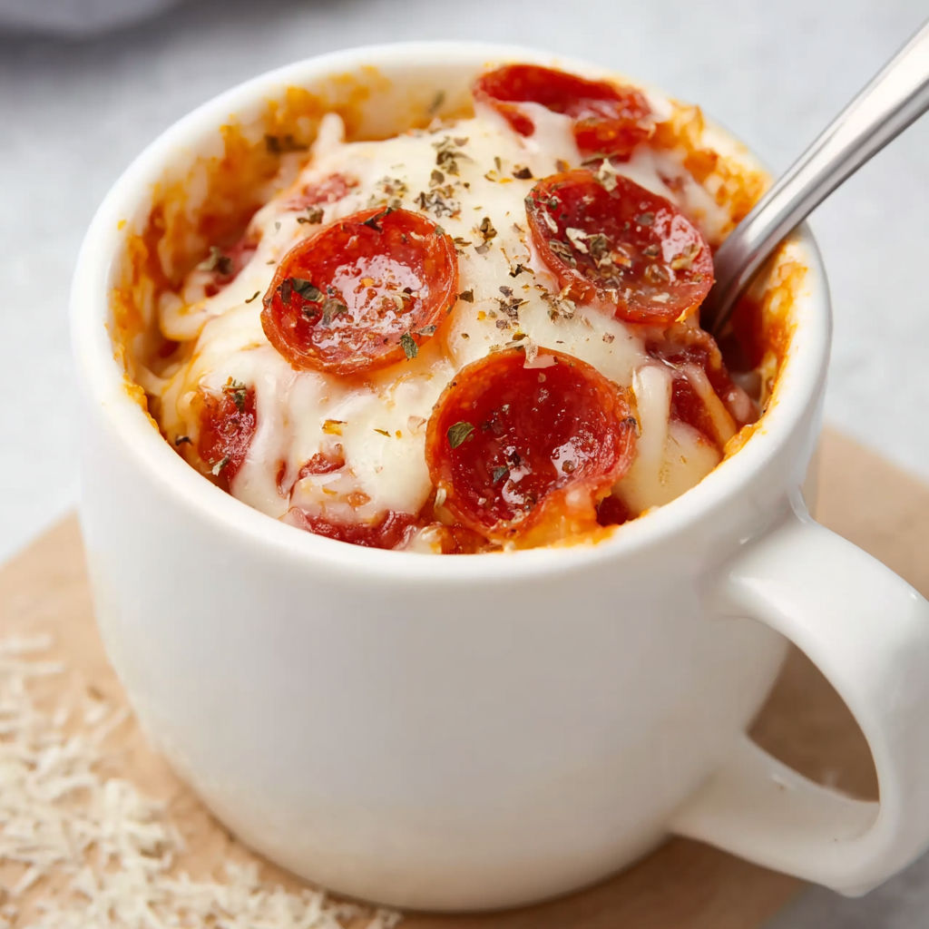 A cup of pizza in a mug with pepperoni and cheese.
