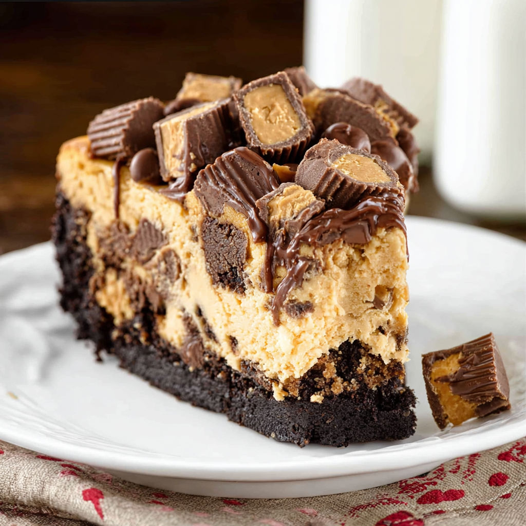 A slice of Reese's Cheesecake with chocolate and peanut butter toppings.