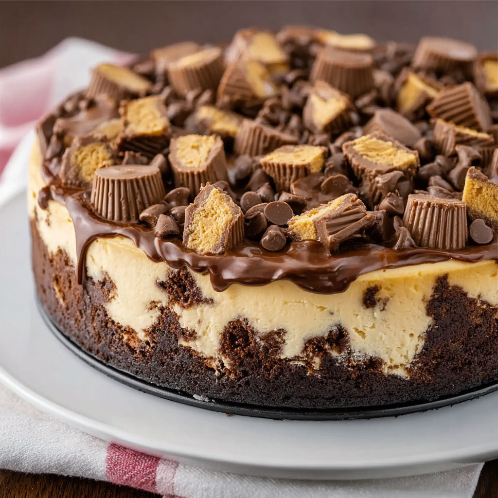 A slice of chocolate cake with chocolate chips and peanut butter on top.