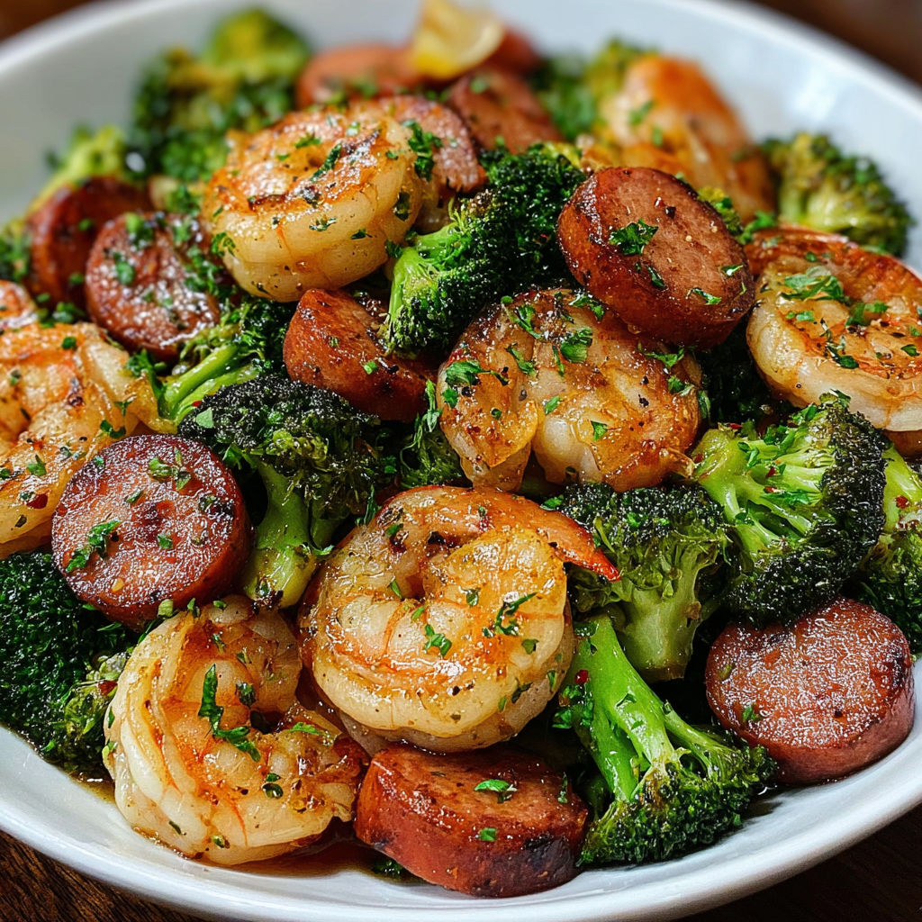 A bowl of delicious Honey Garlic Shrimp Sausage Broccoli.