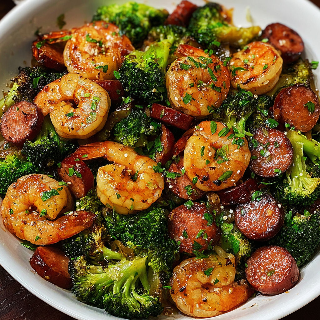 A bowl of shrimp and broccoli with a spicy sauce.