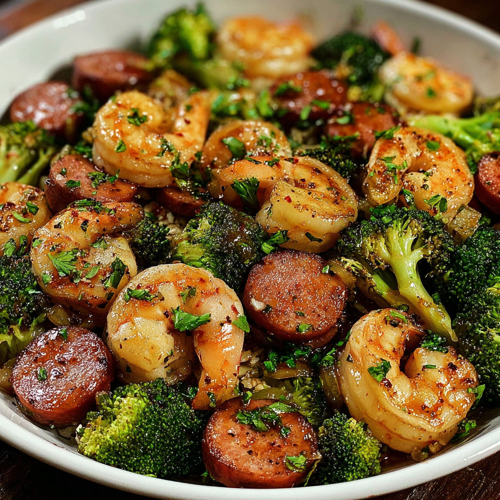 A bowl of shrimp and broccoli with a spicy sauce.