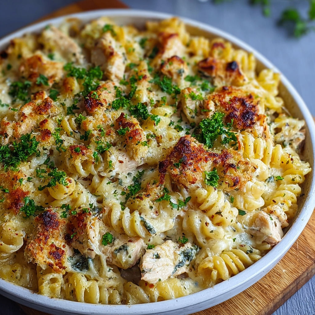 A delicious chicken and pasta dish, topped with herbs and spices, is served in a white bowl.
