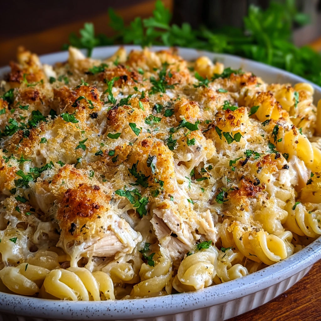 A delicious macaroni and cheese dish with chicken and herbs.