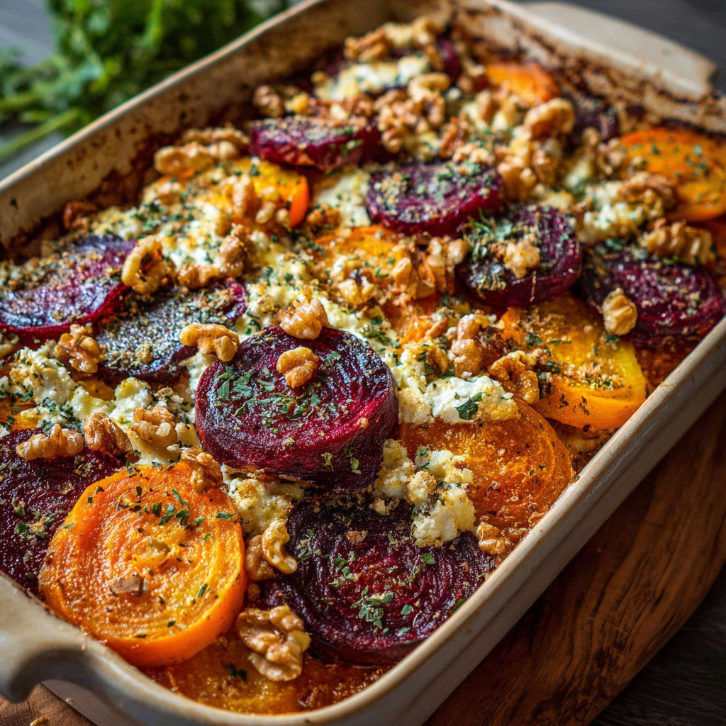 A dish of vegetables, including carrots and beets, is topped with walnuts and cheese.