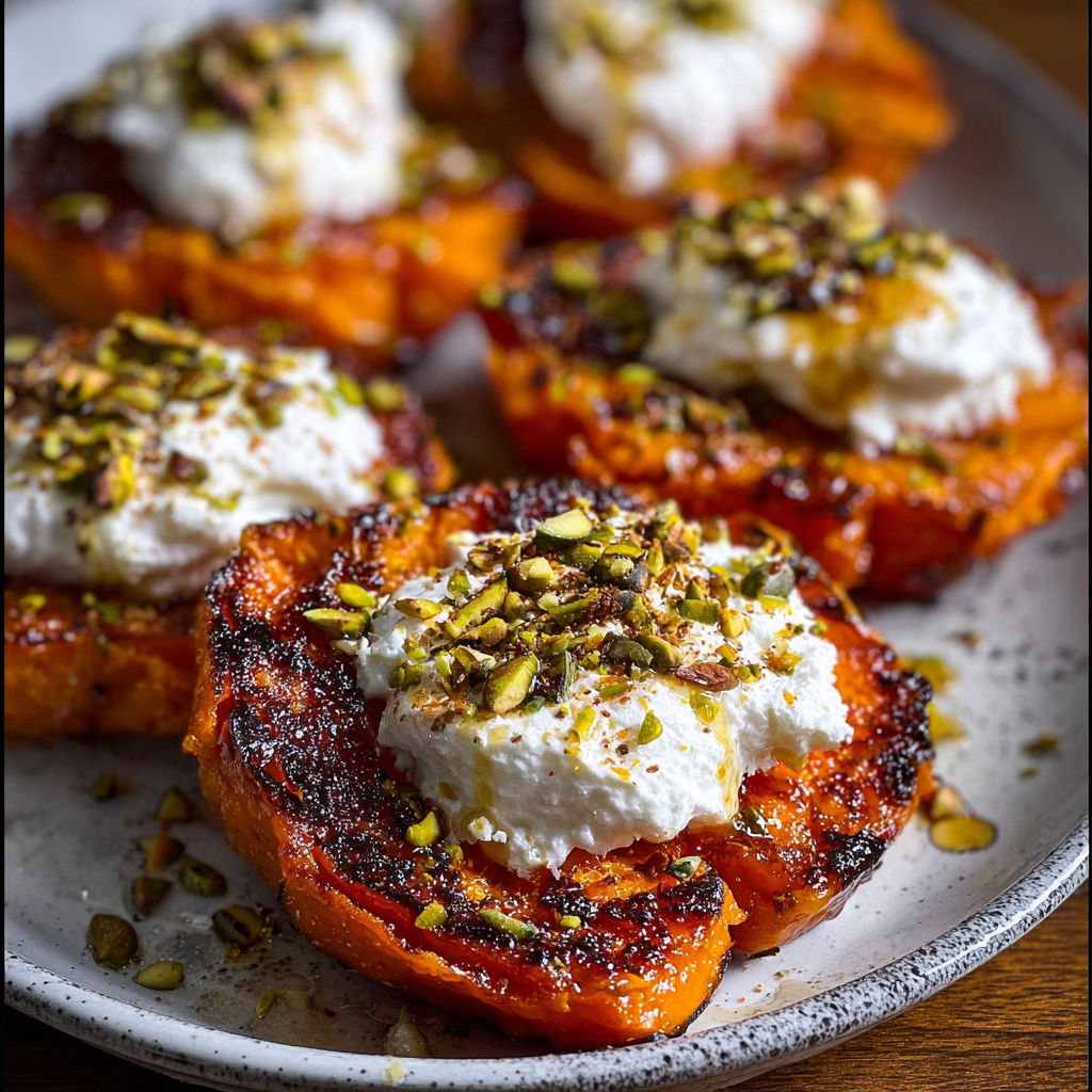 A plate of Crispy Smashed Sweet Potatoes with Whipped Feta & Hot Honey.