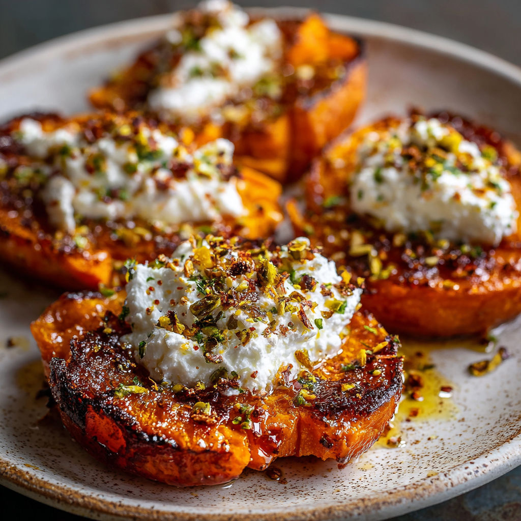 A plate of roasted sweet potatoes with white toppings, likely whipped cream, and a sprinkle of cinnamon.