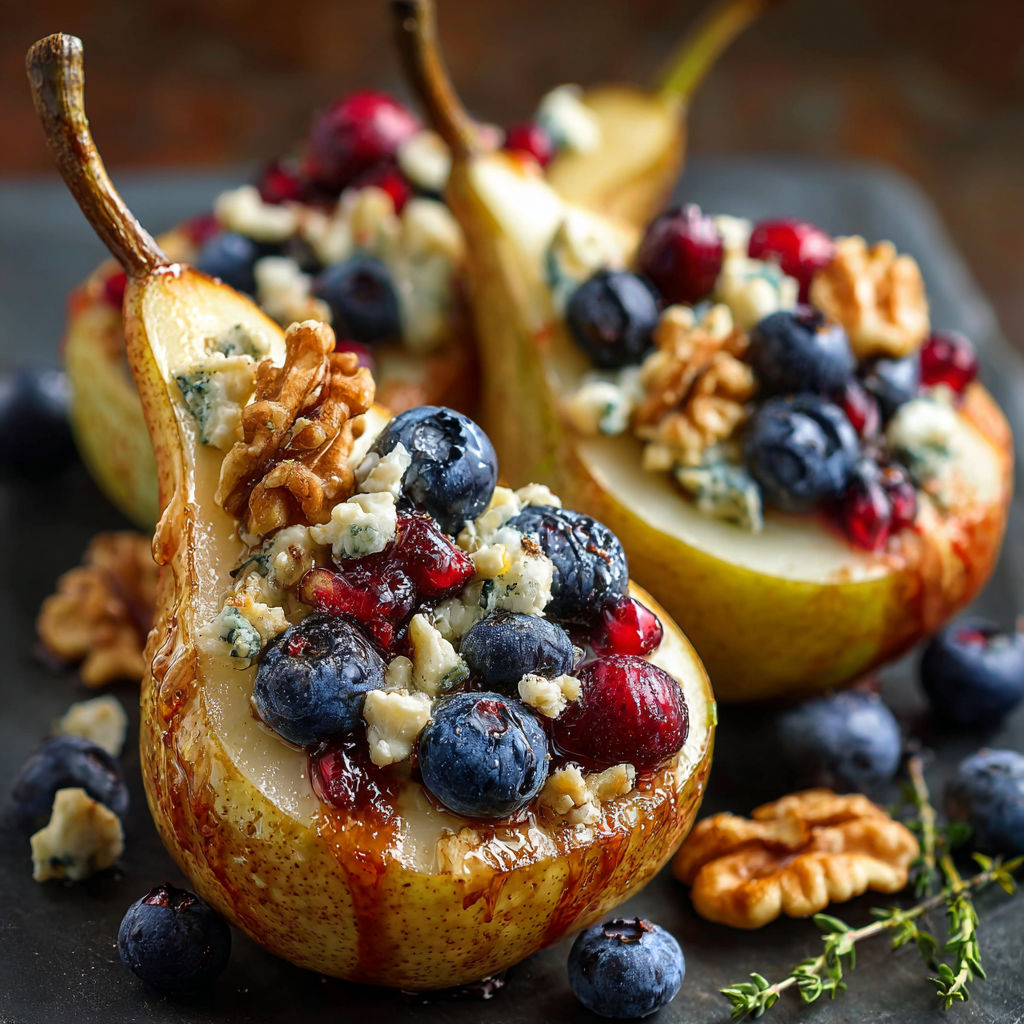 A close up of a pear with blueberries and walnuts on top, possibly a recipe for a fruit salad or dessert.
