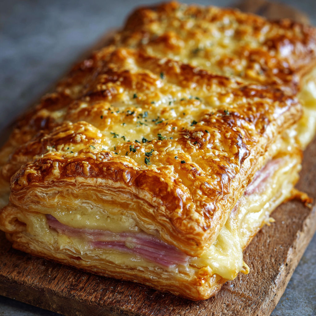 A delicious looking Ham Cheese Puff Pastry is displayed on a wooden cutting board.