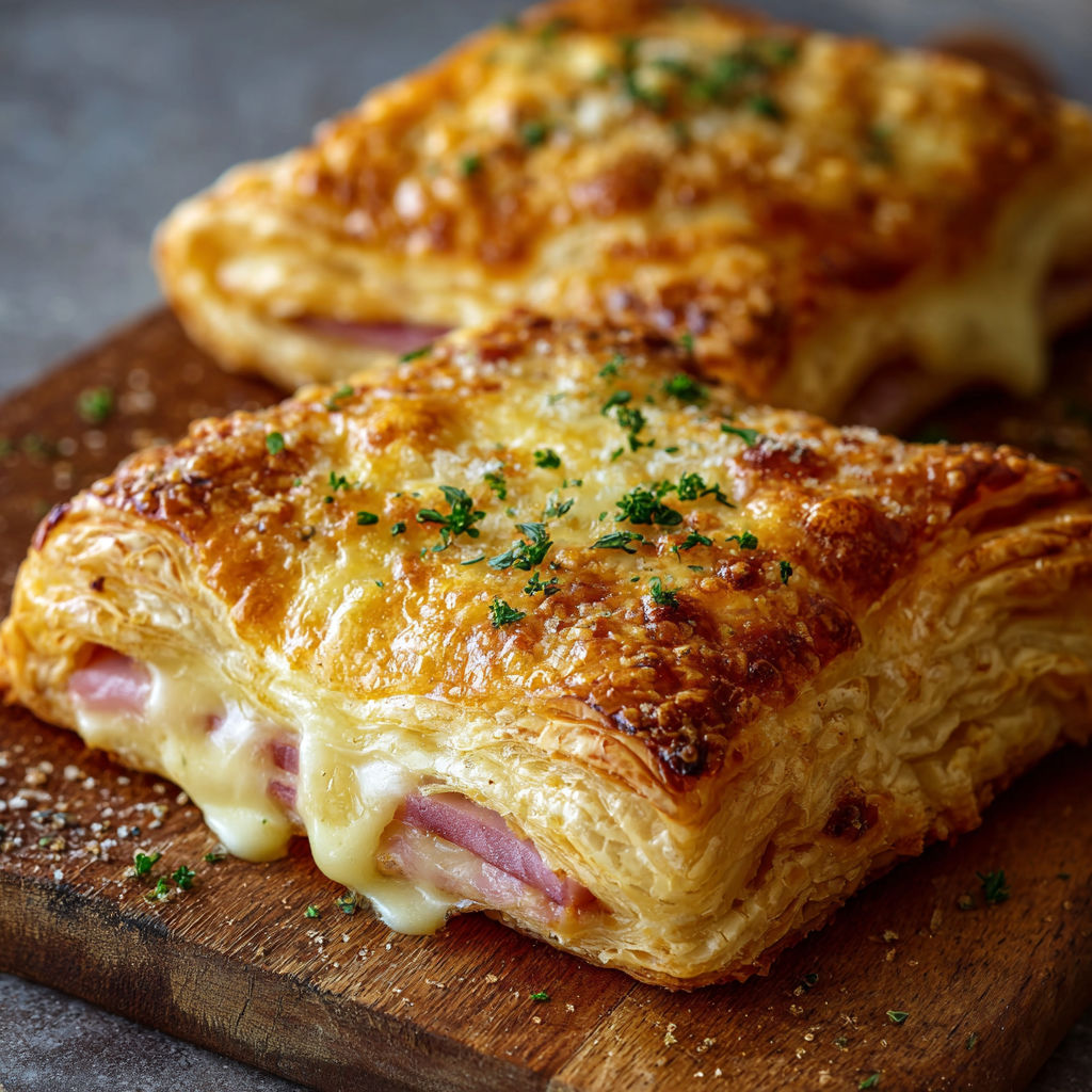 A close-up of two cheese-filled croissants on a wooden cutting board, with a garnish of parsley.