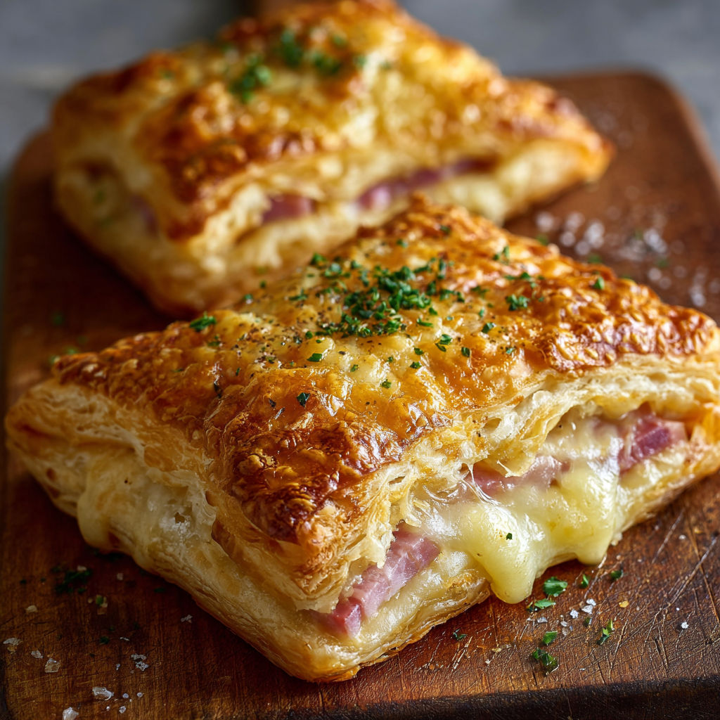 A delicious pastry with cheese and herbs on a wooden cutting board.