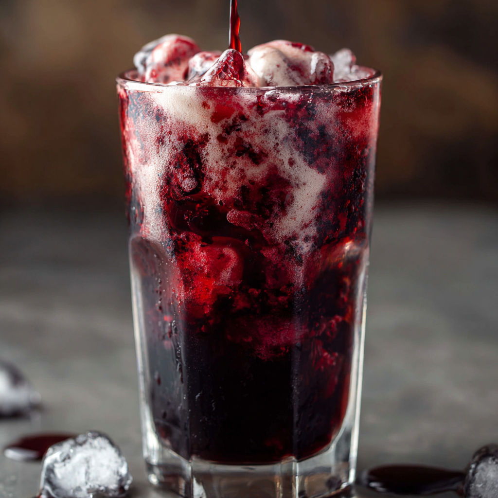 A glass of Midnight Malibu Dirty Soda is poured with a drizzle of chocolate sauce.