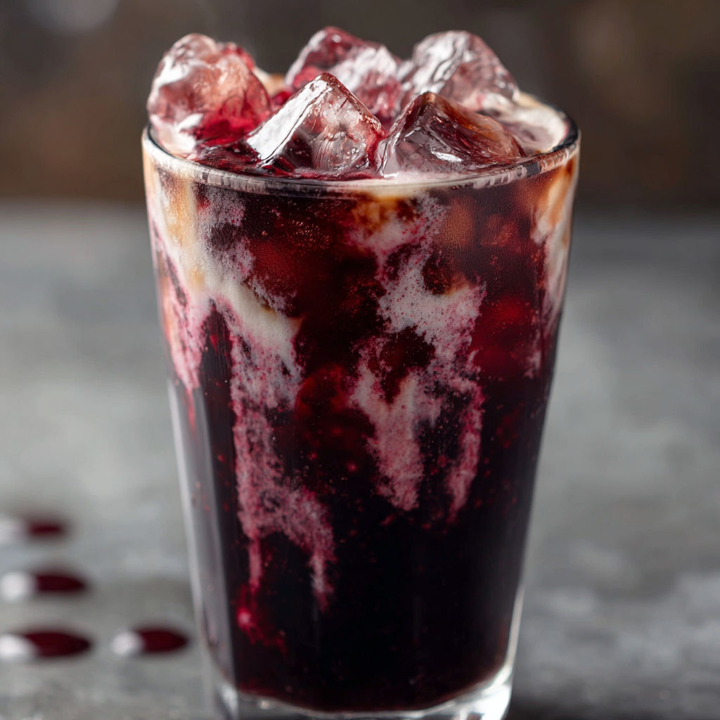 A glass of Midnight Malibu Dirty Soda with a straw in it.