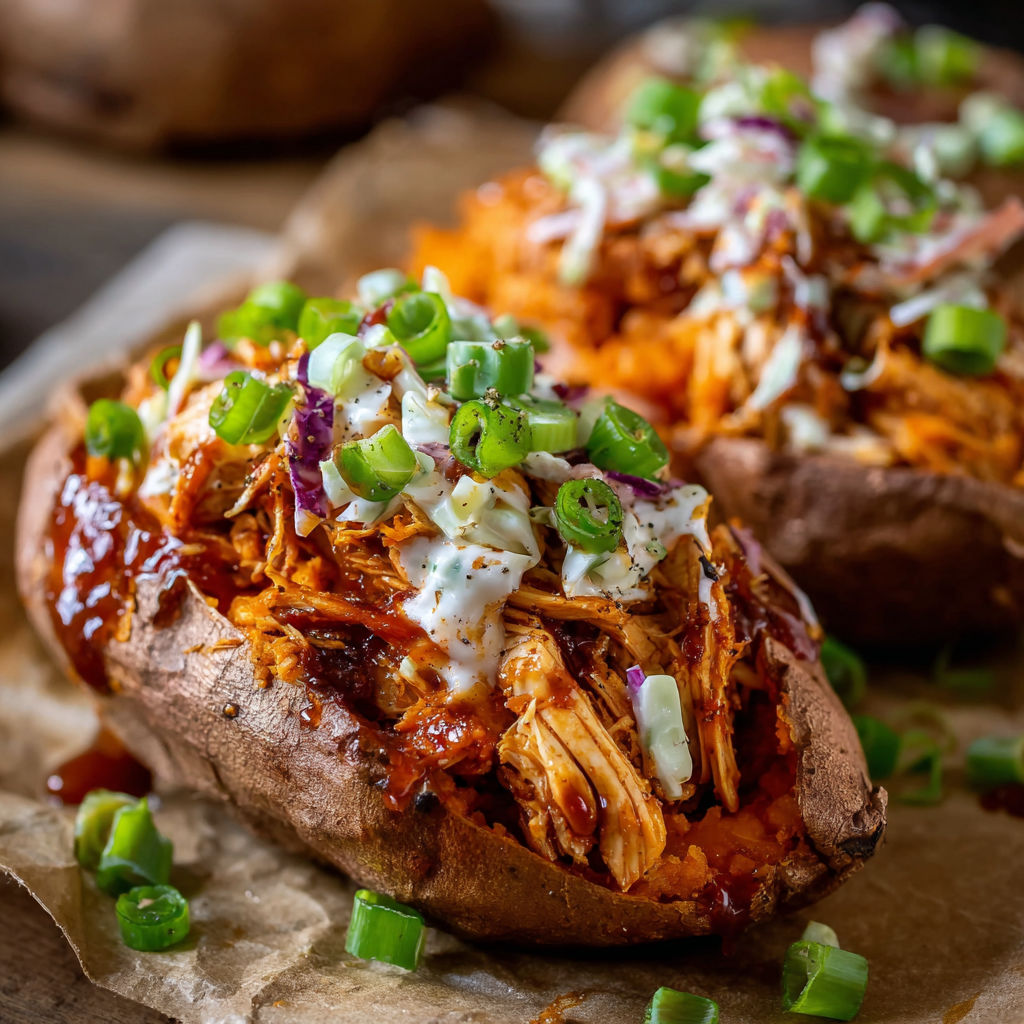 A delicious BBQ Chicken Stuffed Sweet Potato dish is presented on a table.