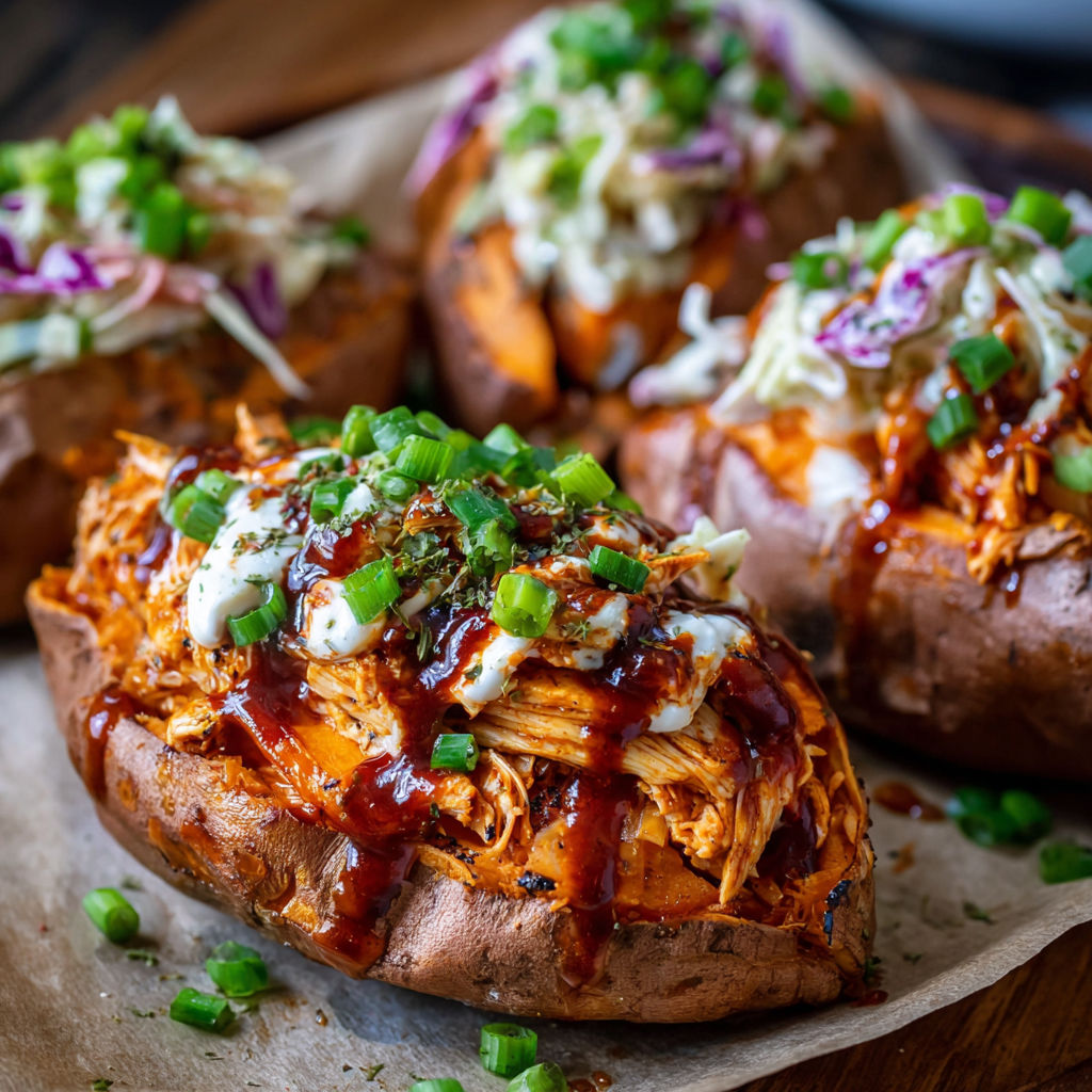 A delicious meal of potatoes with BBQ sauce and topped with green onions.