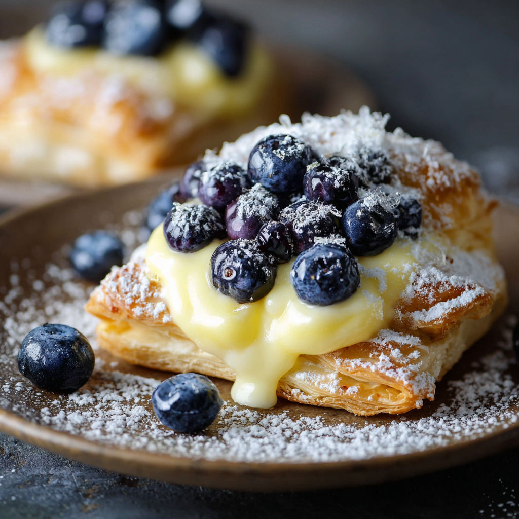 A delicious dessert made with blueberries and lemon cream, topped with powdered sugar.