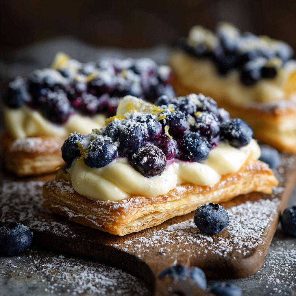 A delicious dessert made with blueberries and whipped cream, topped with powdered sugar.