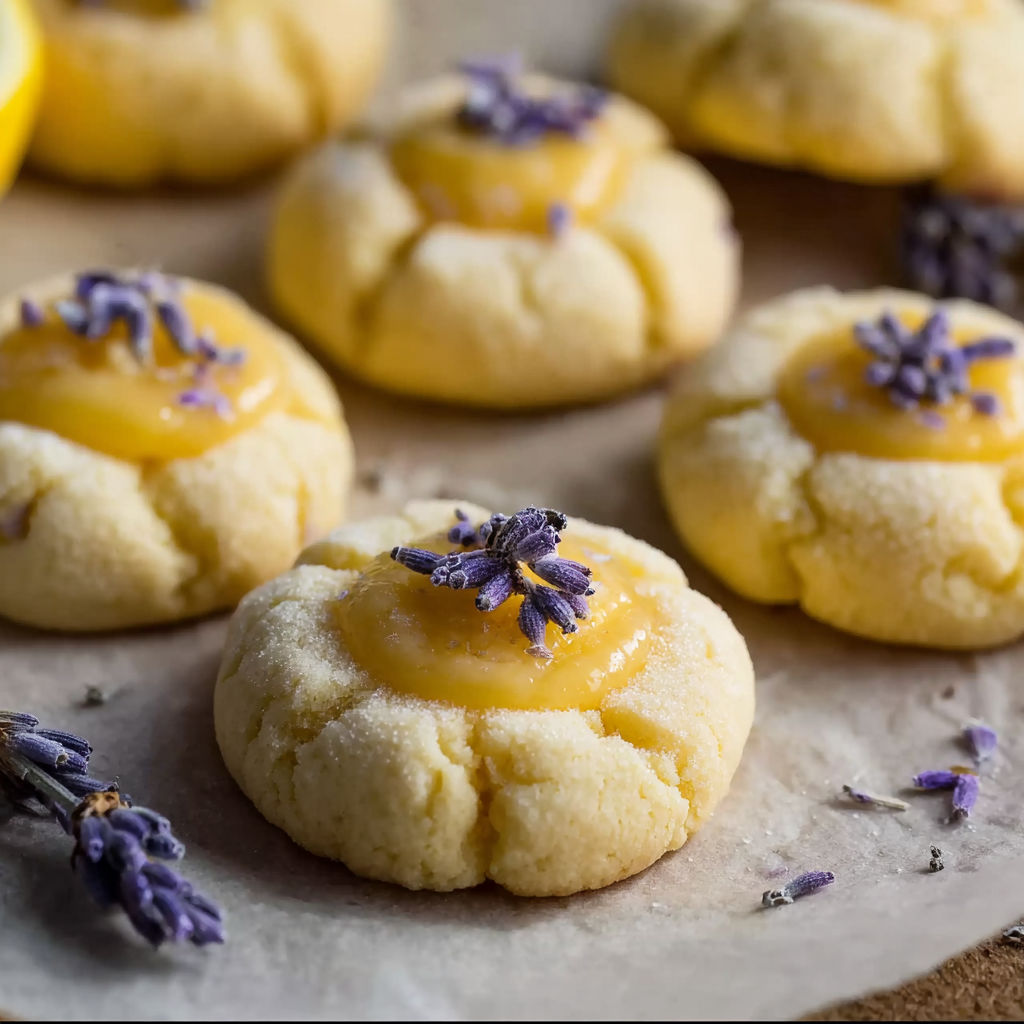Lemon and lavender cookies with a yellow glaze.