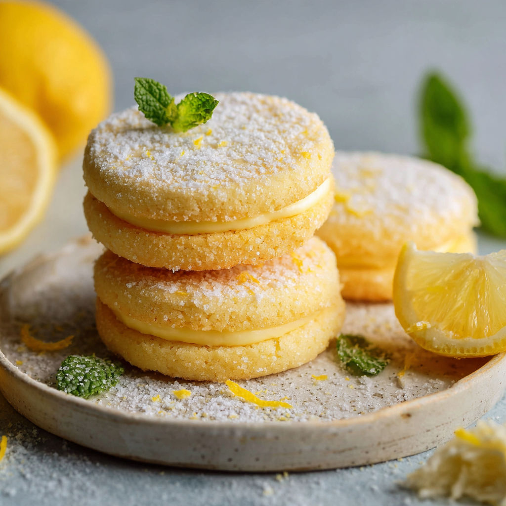 A stack of Lemon Sandwich Cookies with a lemon wedge on top.