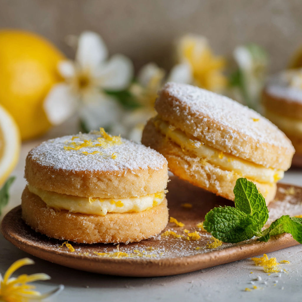A plate of lemon meringue cookies with a sprig of mint on top.