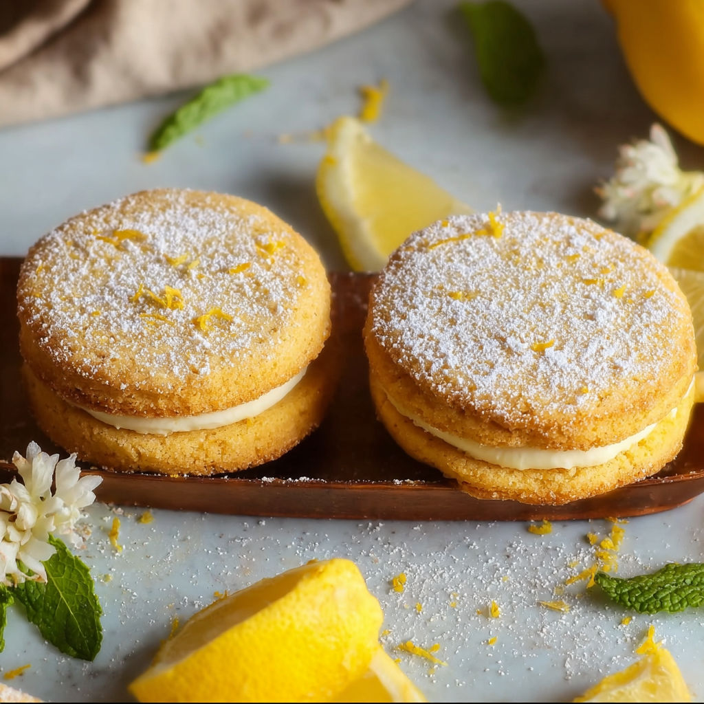 A plate of cookies with lemon and orange flavors, topped with powdered sugar and lemon wedges.
