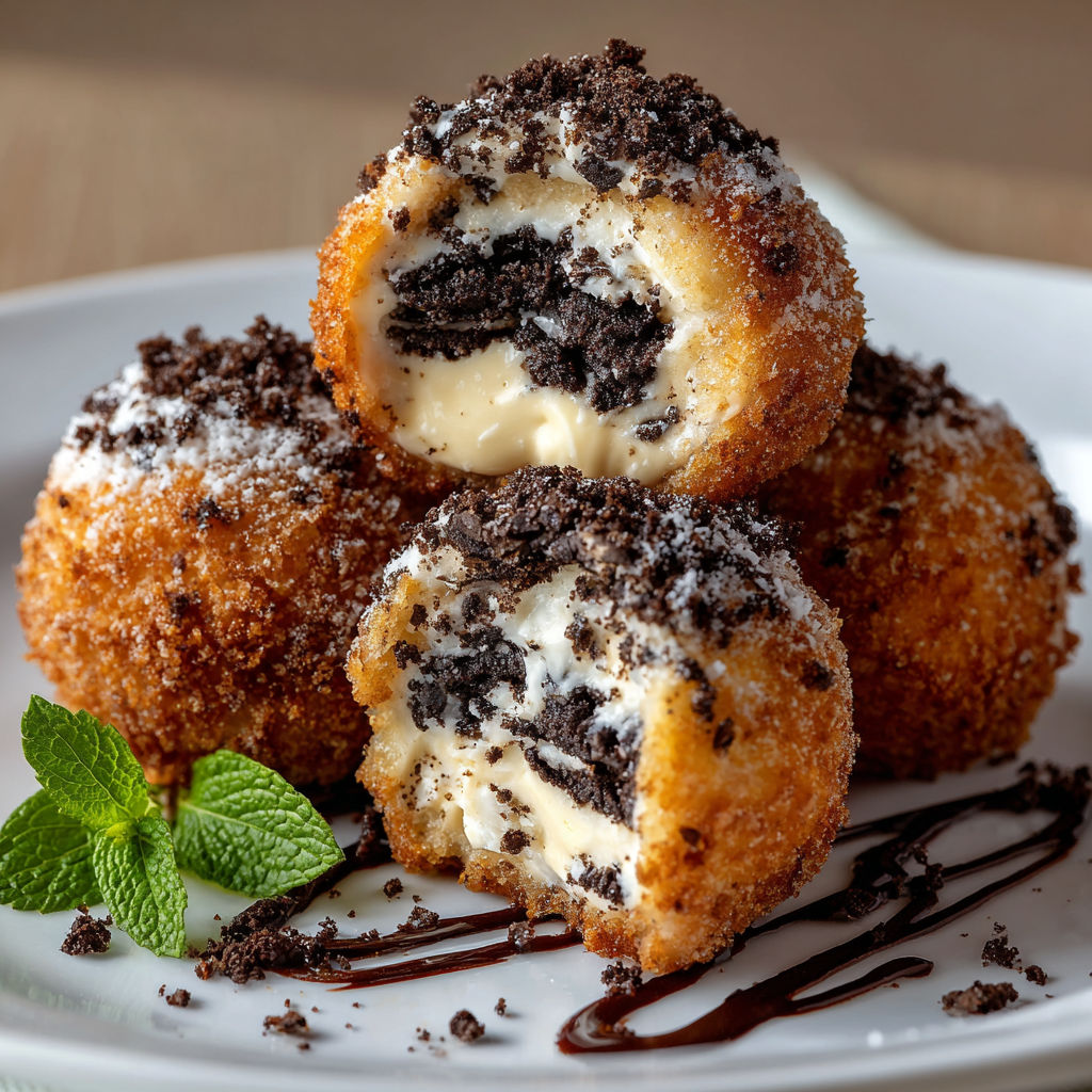 A plate of delicious deep-fried Oreo cheesecake bites, drizzled with chocolate sauce.