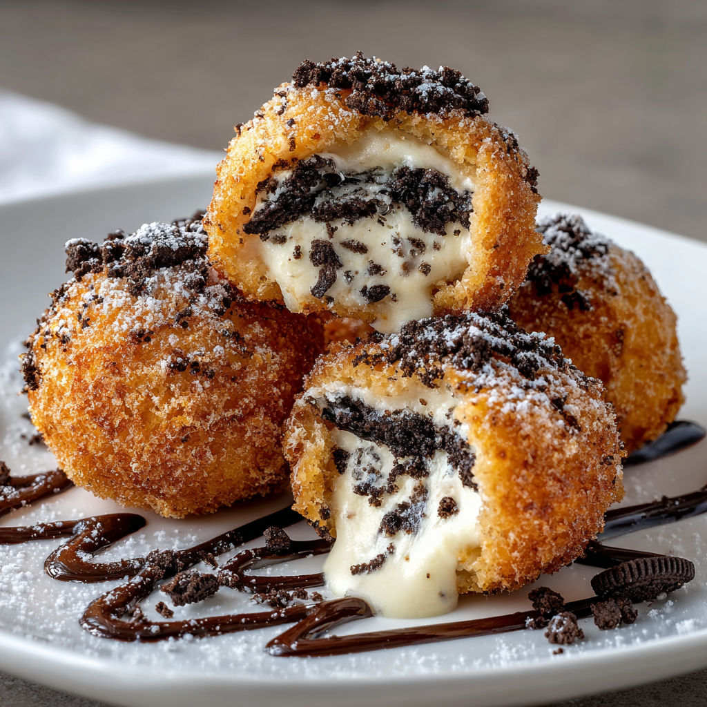 A plate of delicious deep-fried Oreo cheesecake bites, drizzled with chocolate sauce.