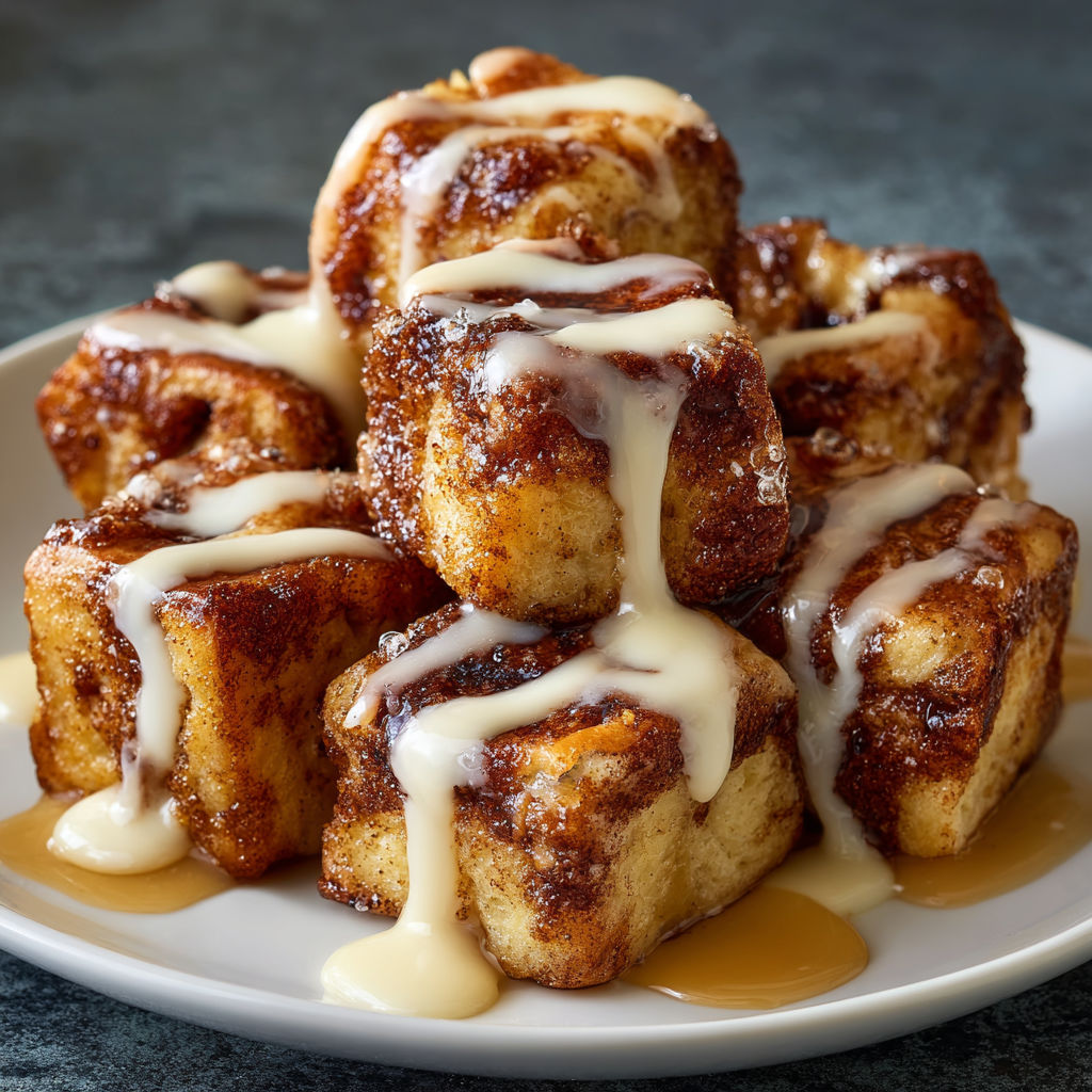 A plate of cinnamon rolls with icing drizzled over them.