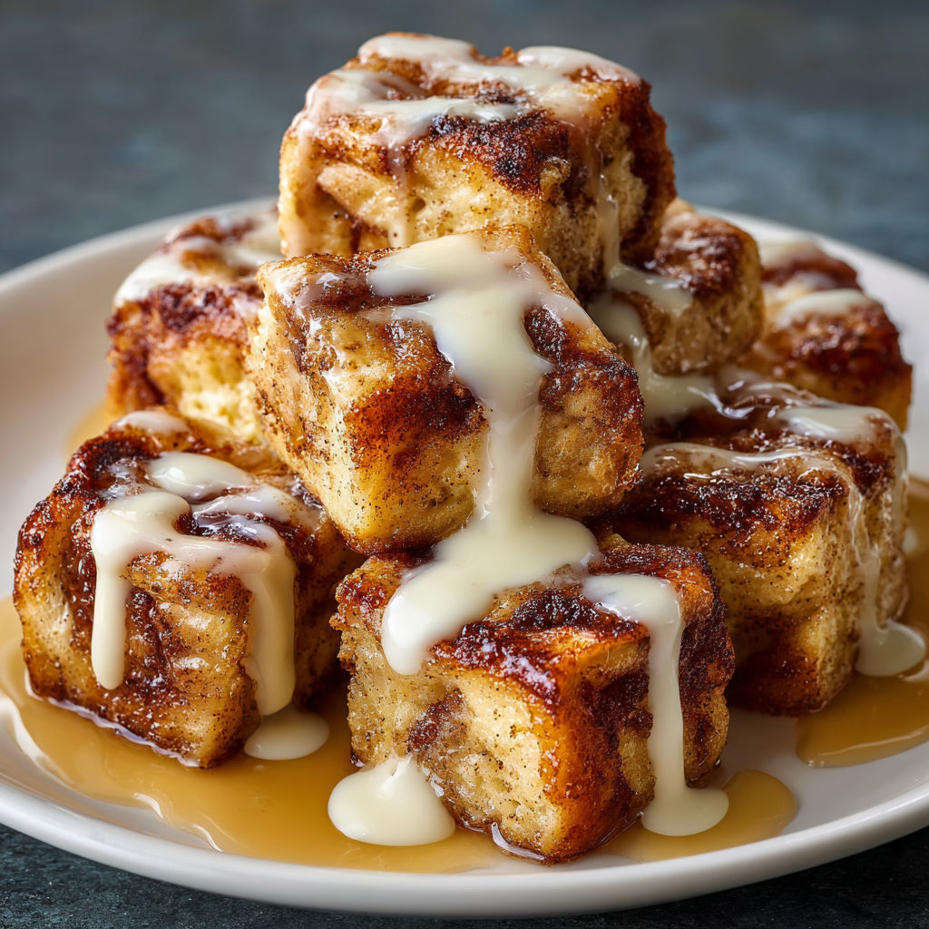 A stack of cinnamon rolls with icing drizzled over them.