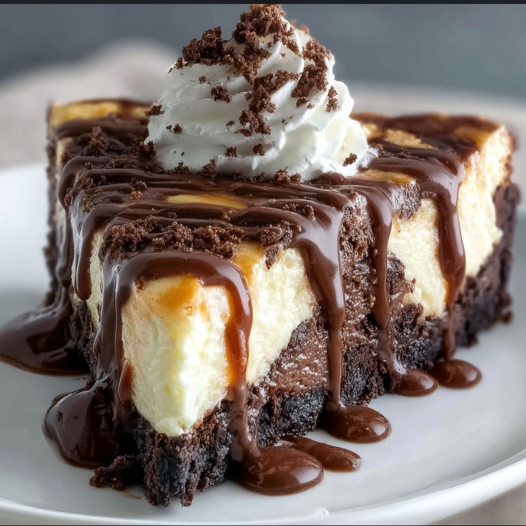A slice of Hot Fudge Sundae Brownie Cheesecake is drizzled with chocolate sauce and topped with whipped cream.