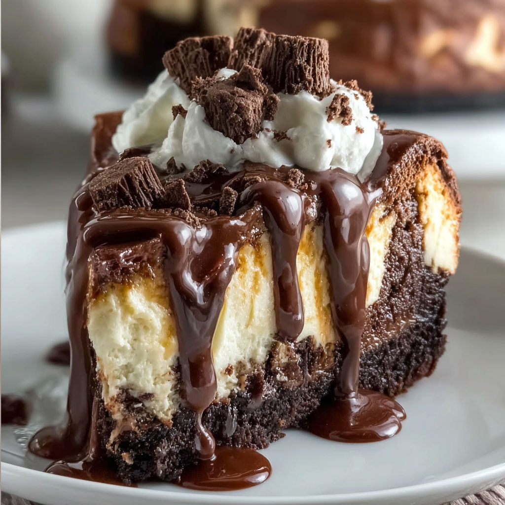 A slice of Hot Fudge Sundae Brownie Cheesecake with chocolate drizzle on a white plate.