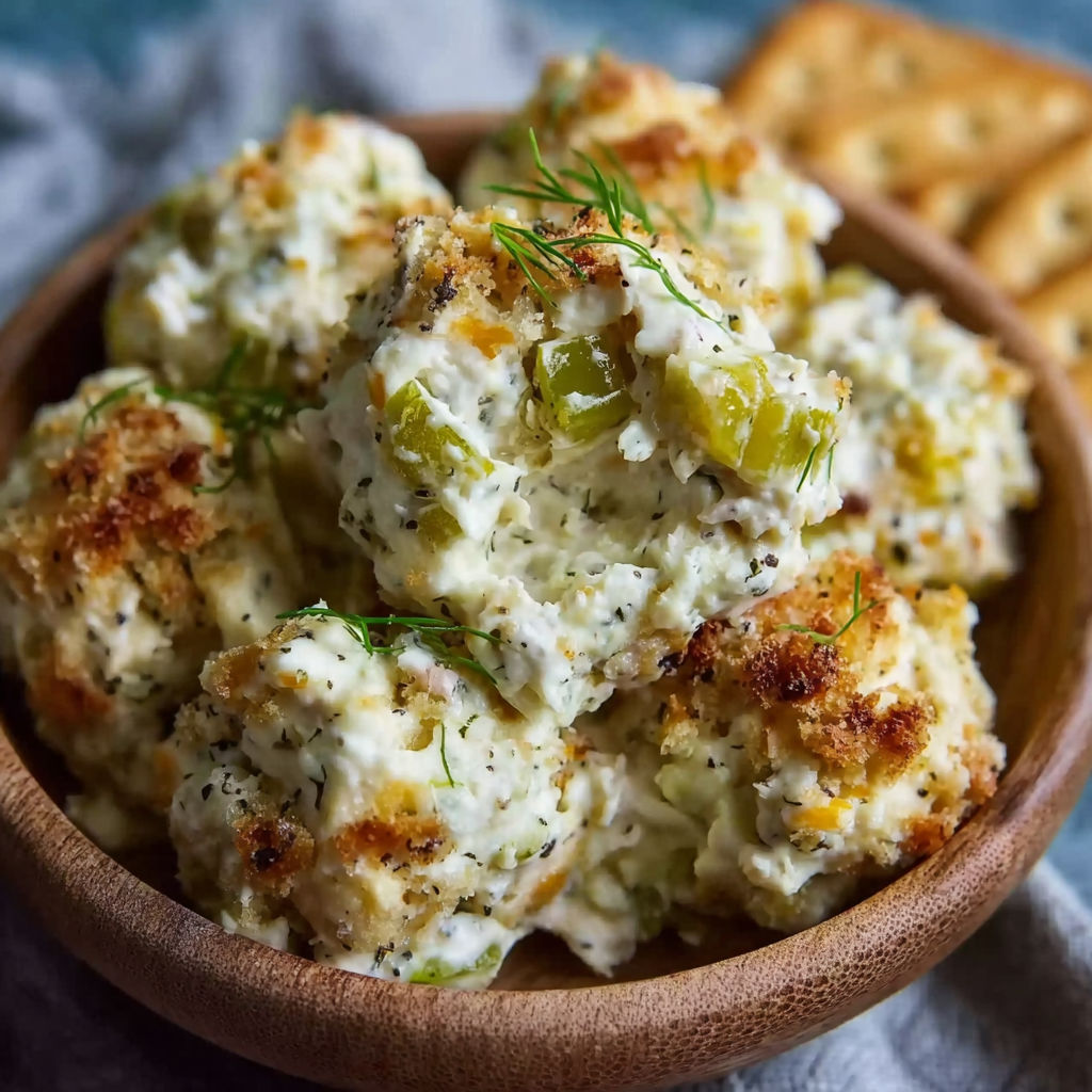 A bowl filled with a mixture of breadcrumbs, cheese, and herbs, likely a crab cake, is placed on a table.